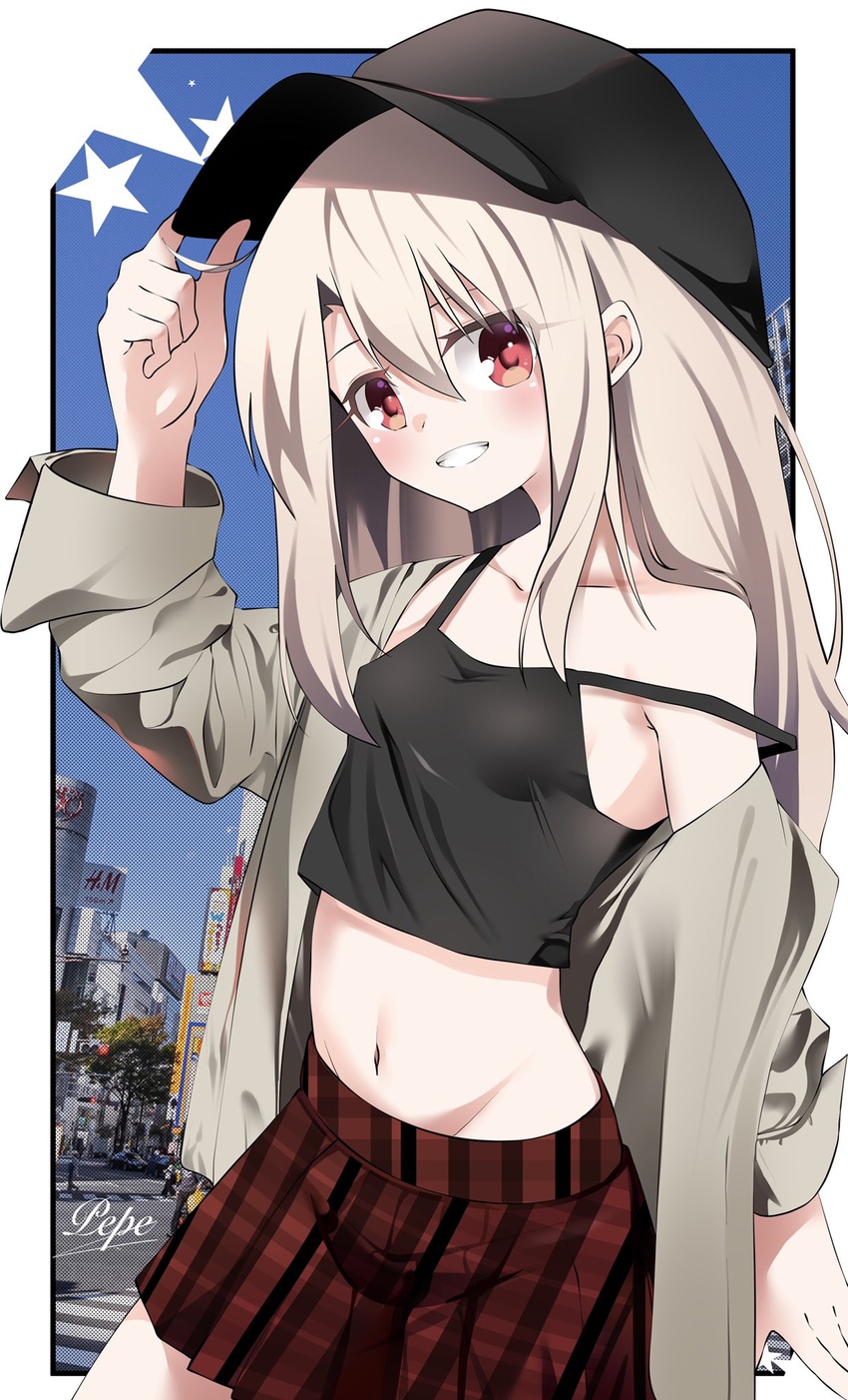 bare_shoulders baseball_cap black_camisole black_hat blush breasts camisole collarbone fate/kaleid_liner_prisma_illya fate_(series) female grey_jacket grin hat highres illyasviel_von_einzbern jacket long_hair long_sleeves looking_at_viewer midriff navel off_shoulder pei_iriya red_eyes red_skirt sidelocks skirt small_breasts smile solo white_hair