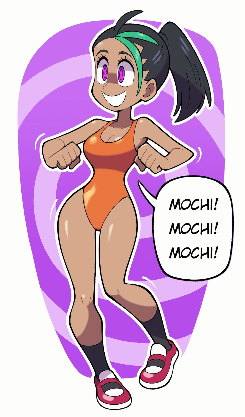 @_@ alternate_costume black_hair black_socks breasts dark-skinned_female dark_skin english_commentary english_text female freckles full_body green_hair highres hypnosis leotard medium_breasts mind_control mochi_mochi_dance multicolored_hair nemona_(pokemon) orange_leotard pokemon pokemon_sv ponytail shenanimation shiny_skin shoes smile socks speech_bubble streaked_hair talking two-tone_hair