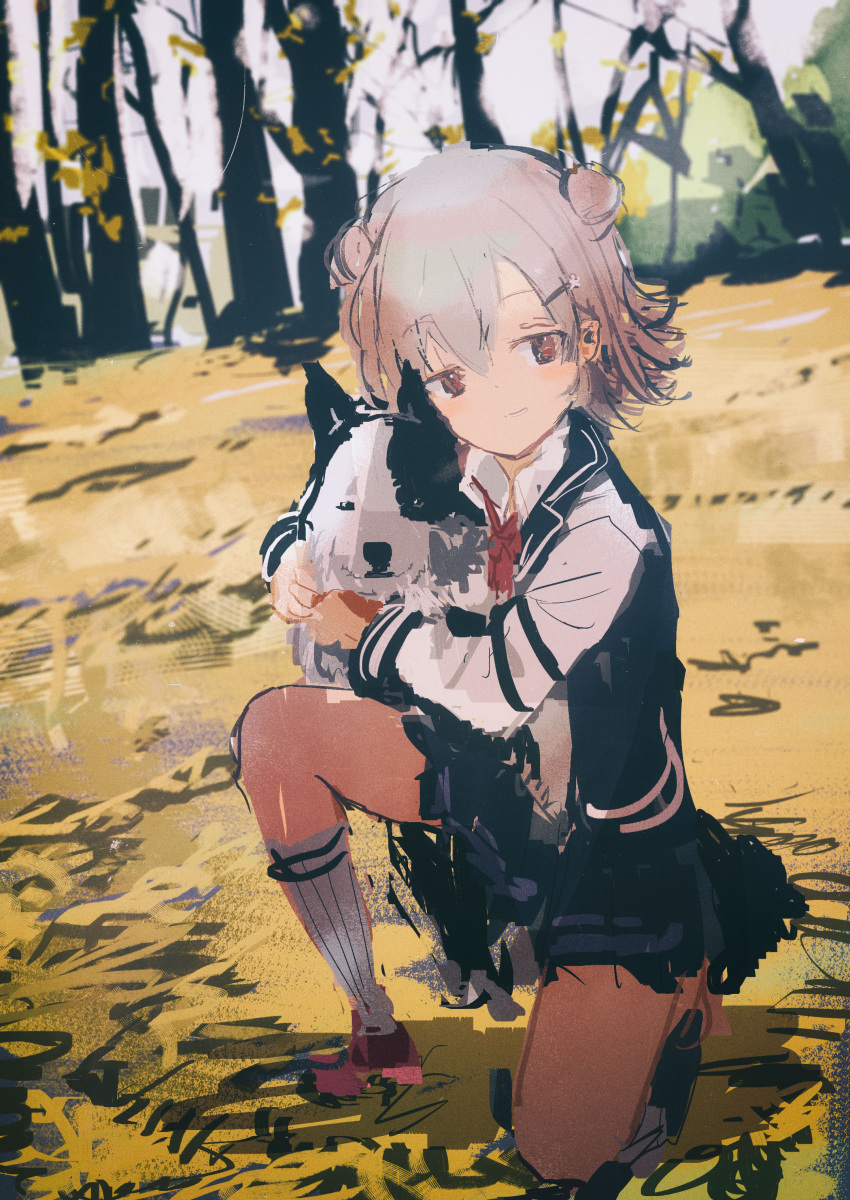 absurdres animal_hug autumn black_jacket black_skirt blazer blurry blurry_background bow bowtie canine cevio collared_shirt commentary_request day double_bun female flipped_hair grey_eyes grin hair_bun hair_ornament hairclip highres jacket kabuyama_kaigi koharu_rikka long_sleeves looking_at_viewer miniskirt multicolored_clothes multicolored_jacket on_one_knee outdoors pink_footwear red_bow red_bowtie school_uniform shirt shoes short_hair skirt smile solo synthesizer_v tree two-tone_jacket white_sleeves