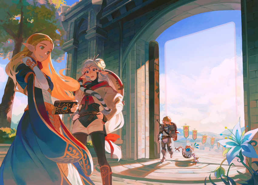 1boy 1other 2girls armor banner battle_standard blonde_hair braid crown_braid dress eye_symbol flag flower gate hair_ornament hair_stick highres hyrule_warriors:_age_of_calamity impa link lisa_(mochii_lisa) long_hair low-tied_long_hair multiple_girls official_alternate_costume pointy_ears princess_zelda robot sheikah sheikah_slate shield shield_on_back smile soldier's_set_(zelda) sword terrako the_legend_of_zelda the_legend_of_zelda:_breath_of_the_wild tree war_banner weapon weapon_on_back white_hair