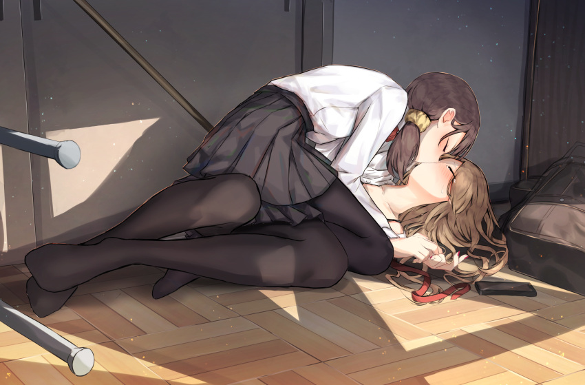 2girls bag benevole black_bag black_pantyhose black_skirt blonde_hair blush bow bowtie brown_hair cellphone closed_eyes collarbone commentary_request crying dress_shirt hair_ornament hair_scrunchie highres holding_hands indoors kissing light_particles long_hair long_sleeves low_side_ponytail multiple_girls neck_ribbon no_shoes original pantyhose phone pleated_skirt red_bow red_bowtie ribbon school_bag school_uniform scrunchie shirt skirt smartphone straddling sunlight undone_bowtie undone_neck_ribbon white_shirt yellow_scrunchie yuri