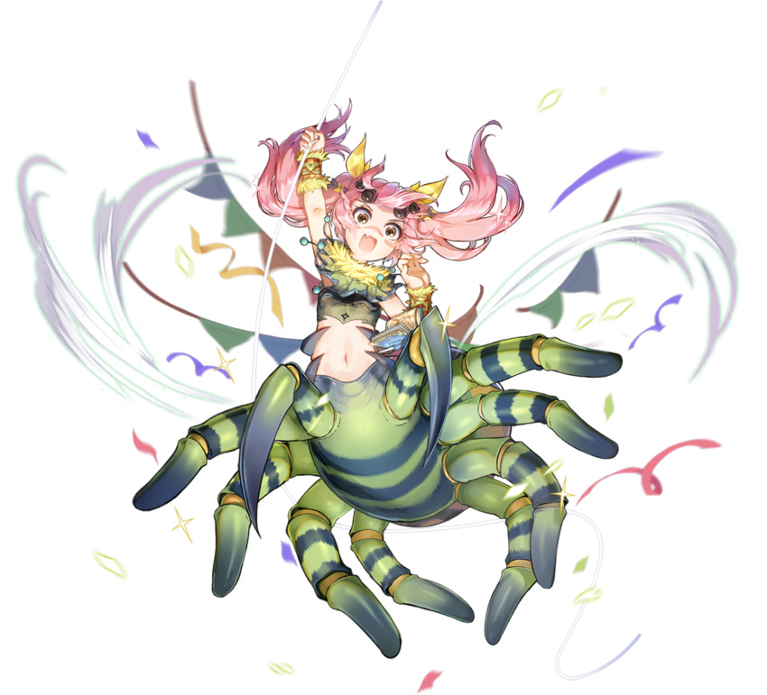 arachne arthropod_girl artist_request catherine_(clover_theater) clover_theater female full_body hair_ribbon highres monster_girl navel non-web_source oerba_yun_fang official_art open_mouth pink_hair ribbon simple_background skin_fang solo source_request spider_girl tagme taur twintails white_background yellow_ribbon