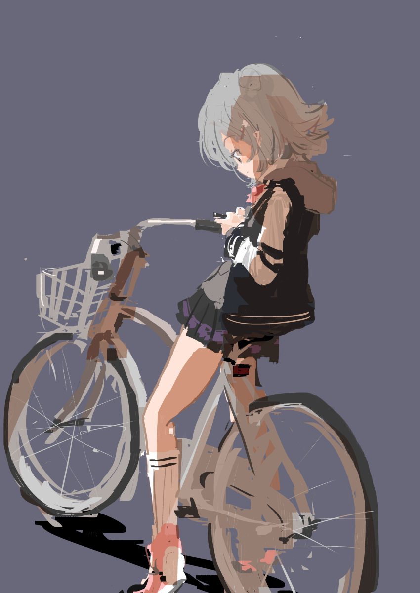 absurdres bicycle bicycle_basket black_jacket black_skirt blazer cevio closed_mouth commentary_request female flipped_hair from_side full_body grey_background grey_eyes grey_hair grey_hoodie hair_bun hair_ornament hairclip highres holding hood hood_down hoodie jacket jacket_over_hoodie kabuyama_kaigi kneehighs koharu_rikka long_sleeves looking_at_object looking_down miniskirt multicolored_clothes multicolored_jacket pink_footwear pleated_skirt profile ribbed_socks riding riding_bicycle school_uniform shoes short_hair simple_background skirt smile sneakers socks solo synthesizer_v tiptoes two-tone_jacket white_sleeves white_socks