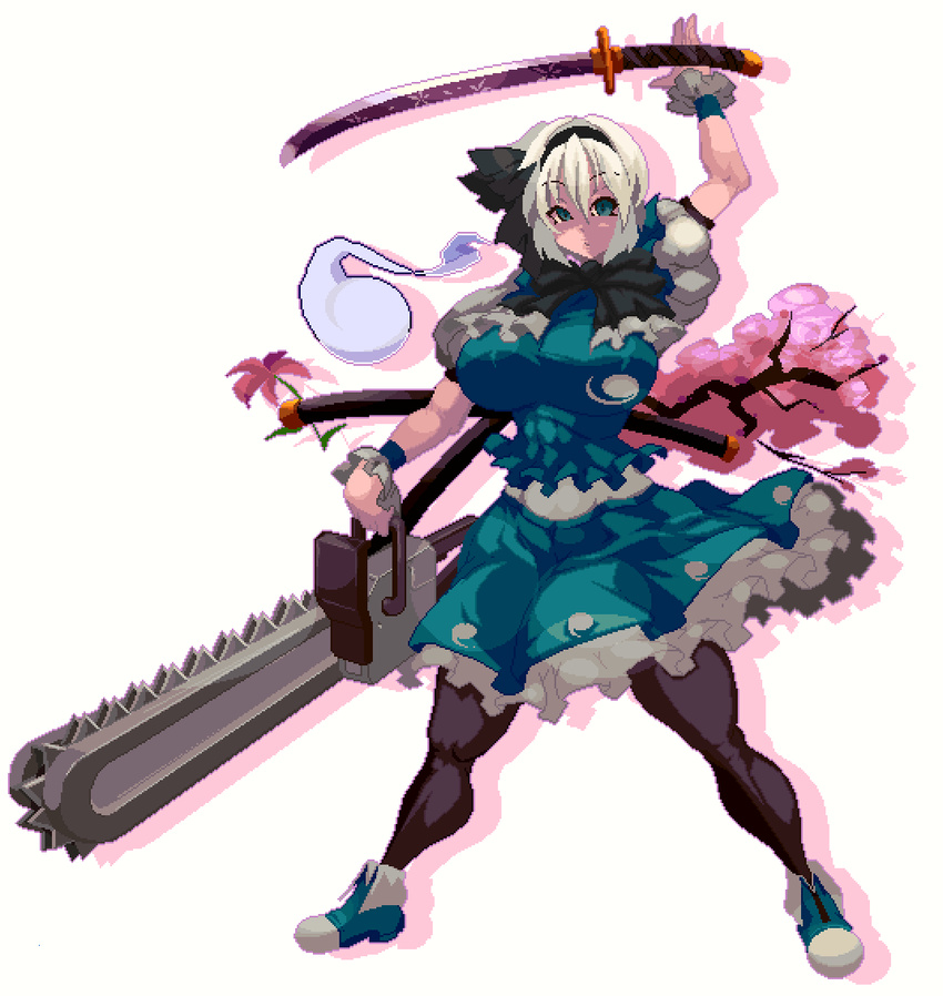 abs black_hairband breasts chainsaw cherry_blossoms commentary_request female flower full_body ghost_print green_eyes green_footwear green_skirt green_vest hairband holding holding_sword holding_weapon konpaku_youmu large_breasts looking_at_viewer mmmmatimmmmati multiple_weapons one-hour_drawing_challenge pantyhose pink_flower pixel_art skirt solo sword sword_behind_back touhou vest weapon wrist_cuffs