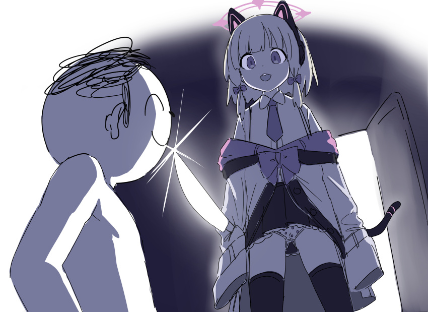 1boy aak absurdres animal_ear_headphones animal_ears azumanga_daiou black_skirt black_thighhighs blue_archive bow closed_eyes closed_mouth collared_shirt death_momoi_(meme) doodle_sensei_(blue_archive) dress_shirt fake_animal_ears female glint hairbow halo headphones highres holding holding_knife jacket knife long_sleeves meme momoi_(blue_archive) necktie off_shoulder open_mouth panties parody pleated_skirt polka_dot polka_dot_panties profile purple_necktie sensei_(blue_archive) shirt sidelocks skirt sleeves_past_fingers sleeves_past_wrists smile standing tail thighhighs underwear white_jacket white_shirt