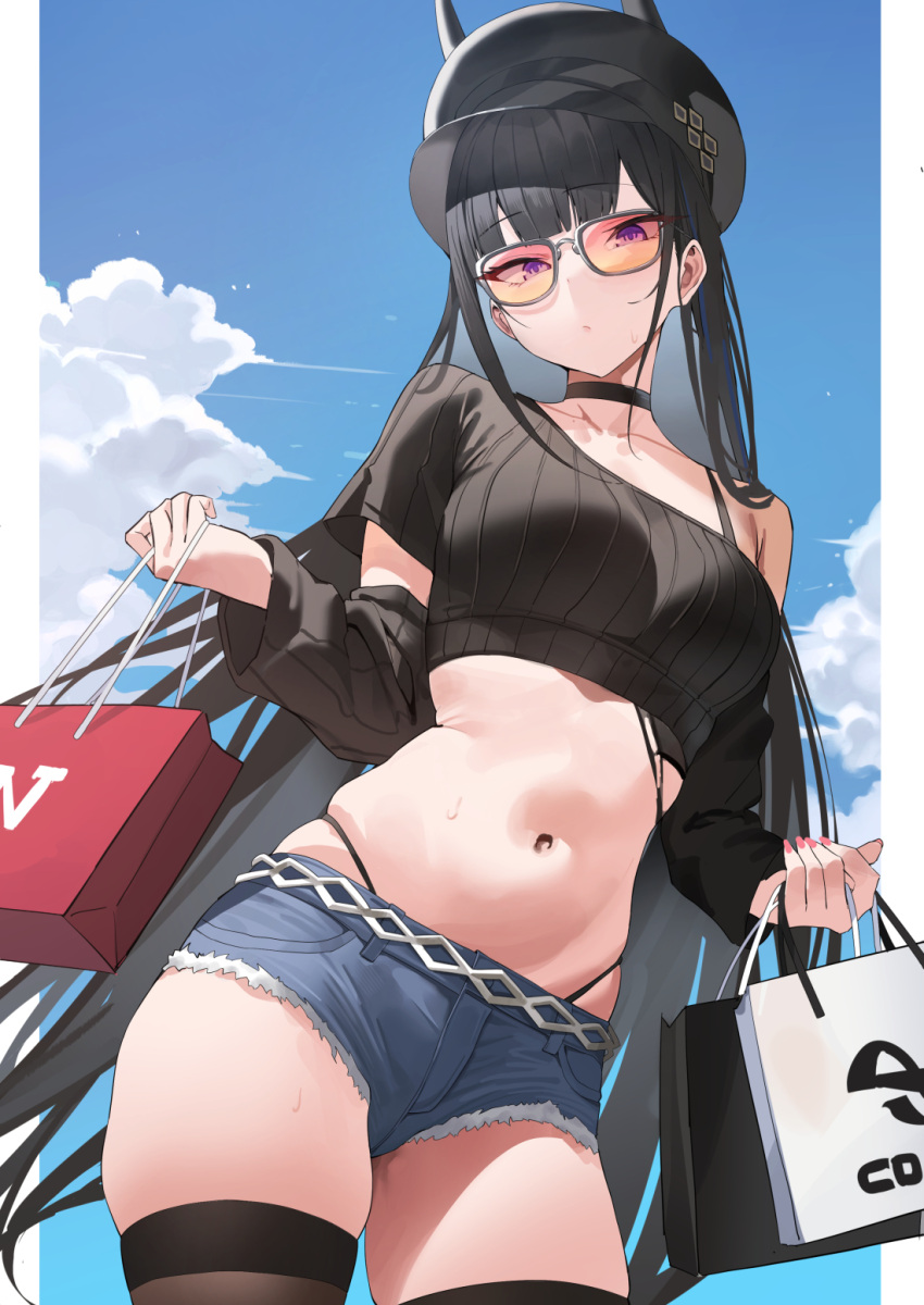 azur_lane bag black_choker black_hair black_hat black_panties black_shirt black_thighhighs breasts choker collarbone commentary cropped_shirt denim denim_shorts female hat highleg highleg_panties highres holding holding_bag horned_hat k_pring long_hair looking_at_viewer medium_breasts navel noshiro_(azur_lane) noshiro_(dressed-up_date)_(azur_lane) official_alternate_costume outdoors panties peaked_cap shirt shopping_bag short_shorts shorts solo stomach sweat symbol-only_commentary thighhighs tinted_eyewear underwear very_long_hair