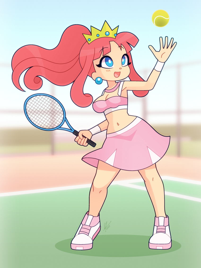 ball crown earrings female highres jewelry long_hair louis_lloyd-judson mario_(series) midriff navel open_mouth pink_skirt ponytail princess_shokora racket red_hair signature skirt smile sphere_earrings tennis_ball tennis_court tennis_racket wario_land wario_land_4