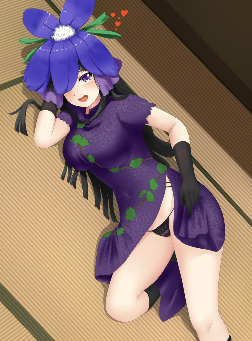 black_footwear black_gloves black_hair black_panties doge_(jkdoge) dress elbow_gloves female flower flower_on_head gloves heart highres indoors leaf_print lifting_own_clothes long_hair looking_at_viewer lying open_mouth panties print_dress puffy_short_sleeves puffy_sleeves purple_dress purple_eyes short_sleeves smile solo tatami touhou underwear vine_print yomotsu_hisami