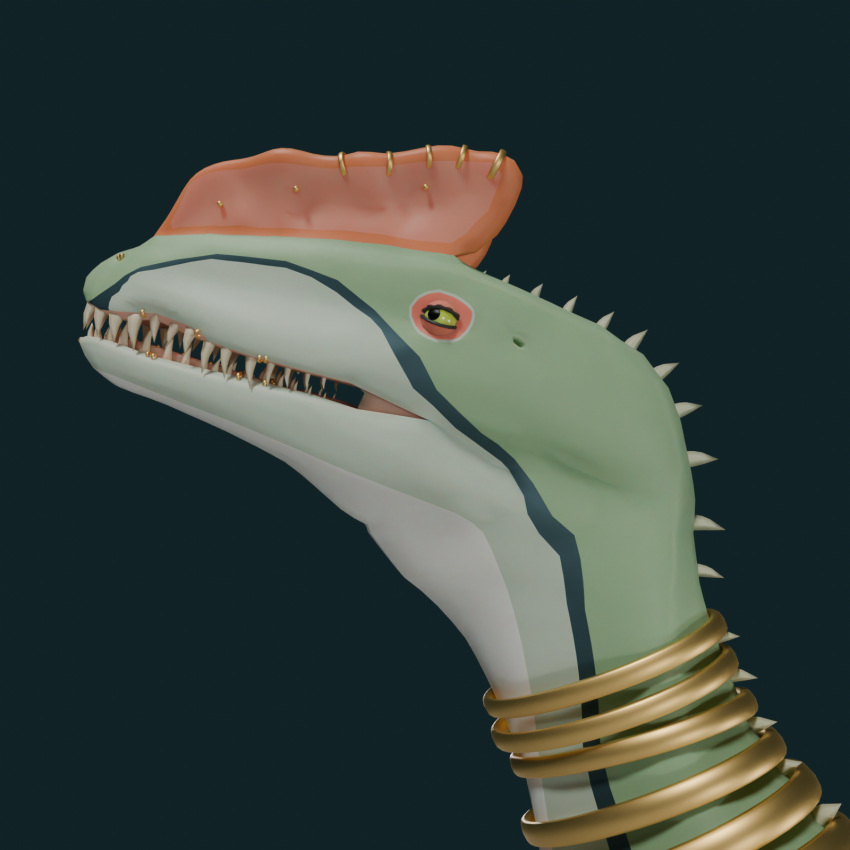 1:1 3d_(artwork) blue_highlights collar countershading digital_media_(artwork) dilophosaurid dilophosaurus dinosaur extinct facial_piercing female feral green_body head_crest hi_res highlights_(coloring) light_belly lip_piercing mercymej multiple_piercings neckband neckwear nose_piercing orange_crest piercing prehistoric_species reptile scalie sharp_teeth solo spikes teeth theropod unfinished yellow_eyes