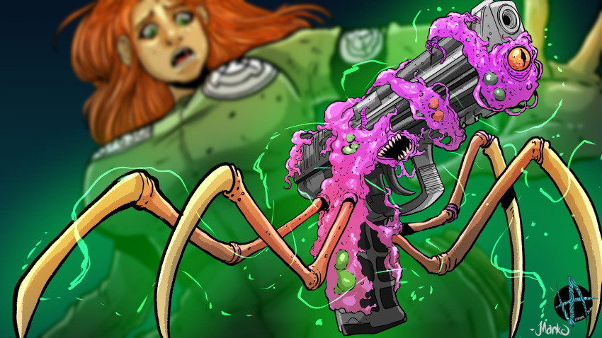 16:9 2022 ambiguous_gender animate_inanimate artist_logo artist_name big_breasts black_mouth blister blurred_background breasts colored cybernetics cyborg d-class digital_drawing_(artwork) digital_media_(artwork) electricity female feral feral_focus green_electricity gun hair handgun hi_res human insect_legs living_gun living_machine living_ranged_weapon living_weapon logo looking_at_another looking_down looking_down_at_another low-angle_view machine mammal markoriginals orange_eyes orange_hair orange_legs pupils purple_flesh quadruped ranged_weapon scp-658 scp_foundation sharp_teeth signature slit_pupils teeth weapon widescreen worm's-eye_view