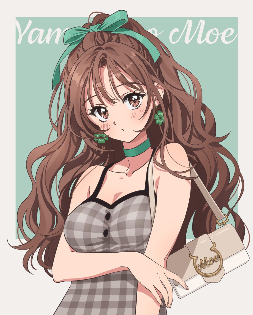 bag bare_shoulders border breasts brown_eyes brown_hair camisole choker choppy_bangs cleavage collarbone commission female four-leaf_clover_earrings green_choker green_ribbons grey_camisole hair_ribbon handbag highres large_breasts long_hair looking_at_viewer moya_(toatomoot) original outside_border plaid plaid_shirt ribbon shirt sidelocks skeb_commission sleeveless sleeveless_shirt solo upper_body wavy_hair white_border