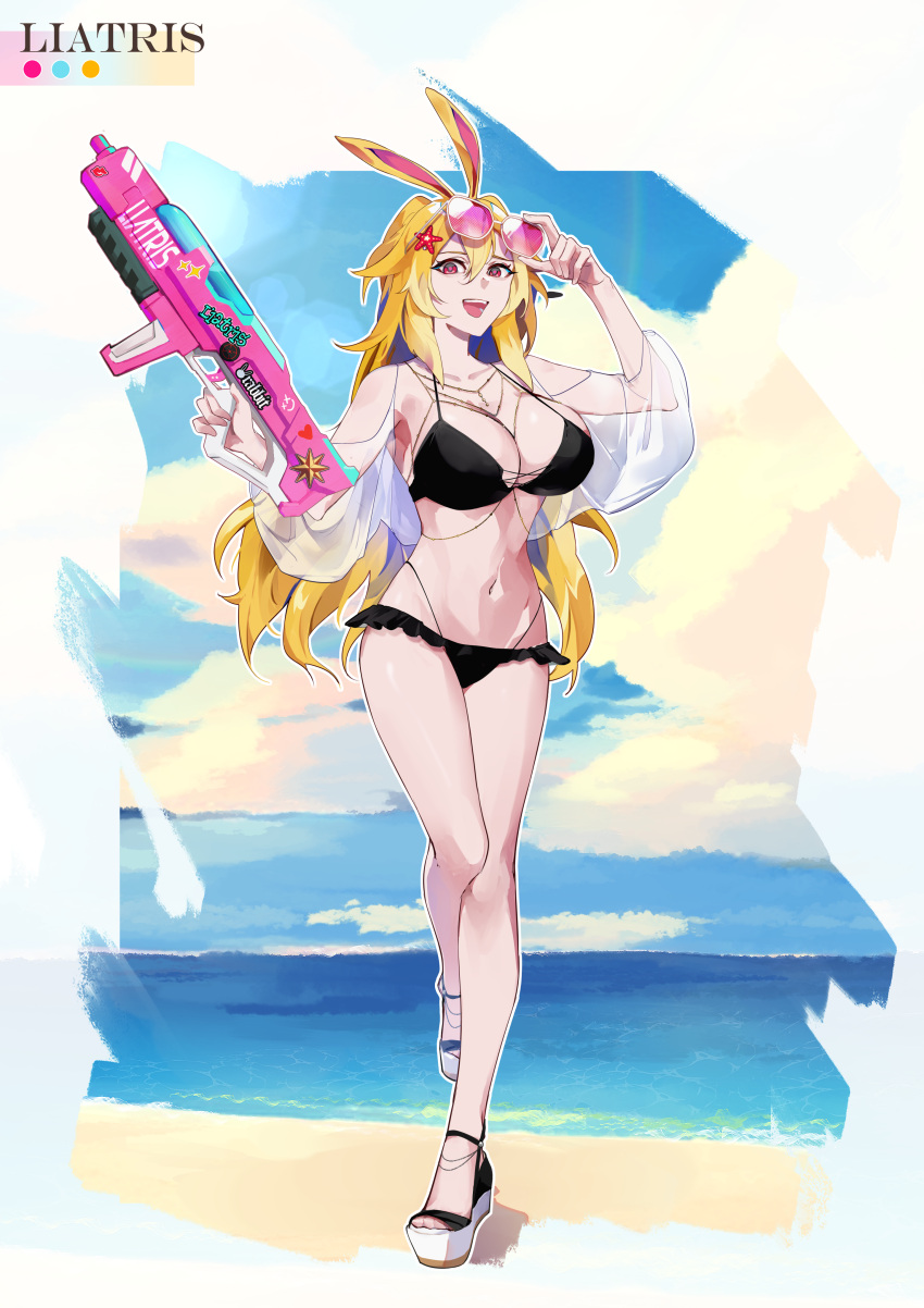 absurdres adjusting_eyewear animal_ears beach bikini black_bikini blonde_hair breasts brown_dust_2 character_name eyebrows_hidden_by_hair female full_body hair_between_eyes highres holding holding_water_gun large_breasts liatris_(brown_dust) lmn long_hair looking_at_viewer multiple_necklaces navel ocean open_mouth pink-tinted_eyewear platform_footwear platform_heels rabbit_ears red_eyes sand see-through see-through_sleeves smile solo standing standing_on_one_leg stomach swimsuit teeth tinted_eyewear upper_teeth_only very_long_hair walking water_gun white_footwear white_sleeves