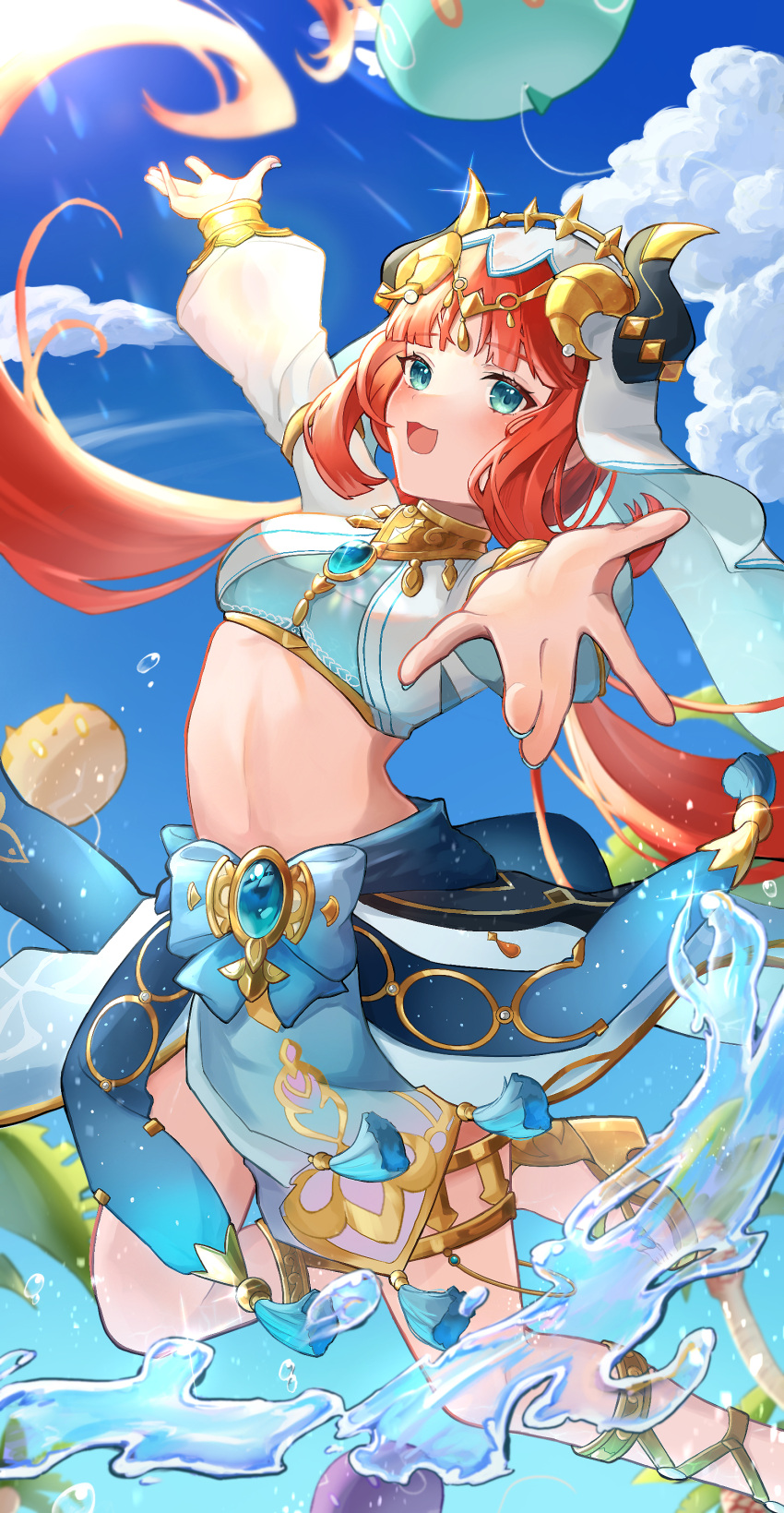 absurdres aqua_eyes blue_gemstone blue_skirt blue_sky blush circlet cloud crop_top cumulonimbus_cloud day fake_horns female floating_hair gem genshin_impact gladiator_sandals goat_horns gold_collar gold_horns gold_trim harem_outfit highres horns hydrokinesis jumping lens_flare long_hair long_sleeves looking_at_viewer low_twintails mugita_(mokankan) nilou_(genshin_impact) open_mouth orange_hair outstretched_arms palm_tree puffy_long_sleeves puffy_sleeves reaching reaching_towards_viewer sandals sidelocks skirt sky slime_(genshin_impact) smile sunlight tassel thighlet three_quarter_view tree twintails very_long_hair water white_veil