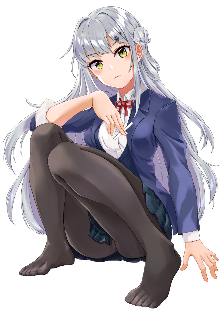 black_pantyhose blazer blue_jacket blue_vest blush breasts closed_mouth collared_shirt commentary_request expressionless feet female full_body green_eyes grey_hair hair_bun hair_intakes highres holding_tenbou jacket knees_together_feet_apart knees_up legs long_hair long_sleeves looking_at_viewer mahjong_soul medium_breasts mossan_(mossan-777) neck_ribbon no_shoes pantyhose red_ribbon ribbon shirt sidelocks simple_background single_hair_bun sitting solo tenbou toes uniform very_long_hair vest white_background white_shirt yagi_yui