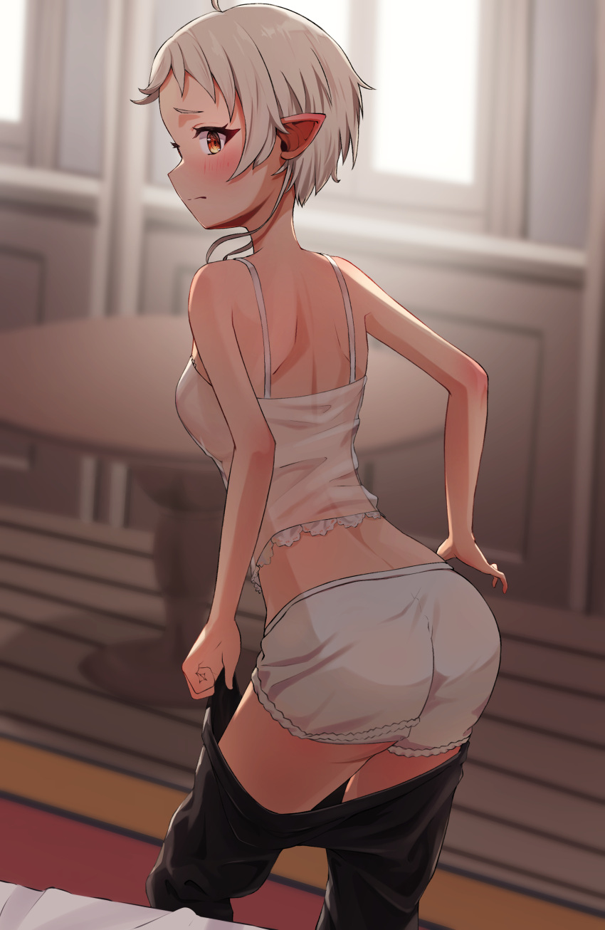 absurdres ars_rg0412 black_pants blush camisole dressing elf female frilled_shorts frills grey_hair highres indoors mushoku_tensei pants pointy_ears red_eyes short_hair shorts solo sylphiette_(mushoku_tensei) table underwear white_camisole white_shorts