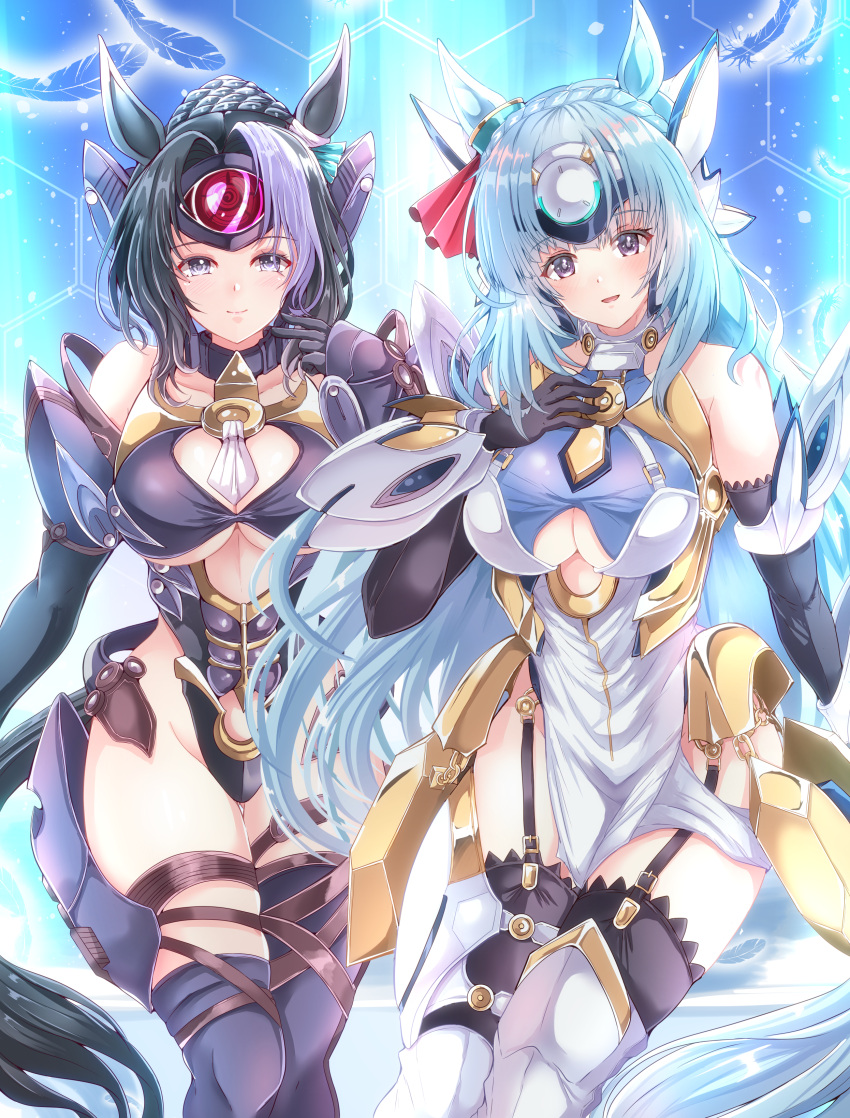 2girls absurdres animal_ears black_hair blue_hair braid braided_bun breasts commentary cosplay elbow_gloves garter_straps gloves hair_bun highres horse_ears horse_girl horse_tail kentan_(kingtaiki) kos-mos kos-mos_(cosplay) leotard light_blue_hair long_hair mejiro_ardan_(umamusume) mejiro_ramonu_(umamusume) multiple_girls siblings sisters t-elos t-elos_(cosplay) tail thighhighs umamusume xenosaga