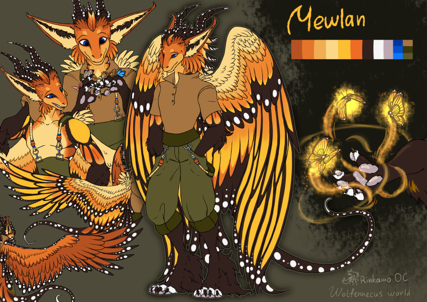 absurd_res anthro arthropod butterfly clothed clothing digital_media_(artwork) dragon fur hi_res horn insects lepidopteran male mythological_creature mythological_scalie mythology open_mouth pawpads paws rinkamo scalie signature simple_background smile solo spots tail wings wolfennecus(world)