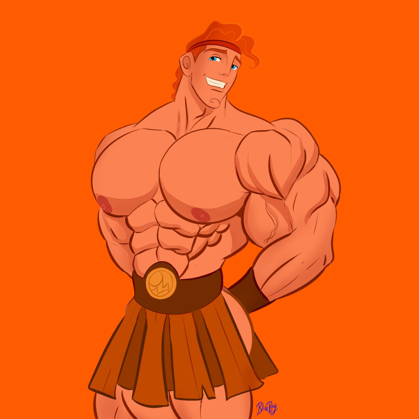 abs biceps big_chest big_pecs blueboybara bulging_biceps demigod disney hercules_(character) hercules_(disney) huge_chest huge_pecs male male_only muscle_growth muscles muscular muscular_male orange orange_theme pecs shirtless_male smiling smooth_chest smooth_skin