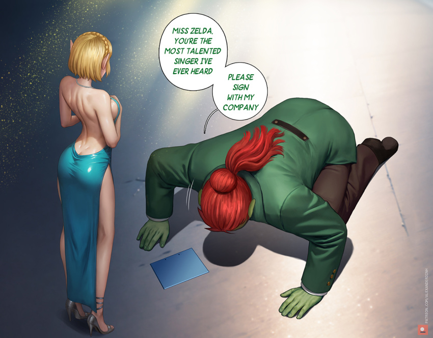 2023 alexander_dinh begging_pose blonde_hair bubble_butt comic_page crown_braid curvaceous curvy_female elf_ears english_text ganondorf ganondorf_(tears_of_the_kingdom) heels highres long_hair long_ponytail long_red_hair medium_breasts nintendo patreon_logo patreon_url ponytail princess_zelda red_hair safe_for_work sfw short_blonde_hair short_hair sideboob speech_bubble the_legend_of_zelda the_legend_of_zelda:_tears_of_the_kingdom zelda_(tears_of_the_kingdom)