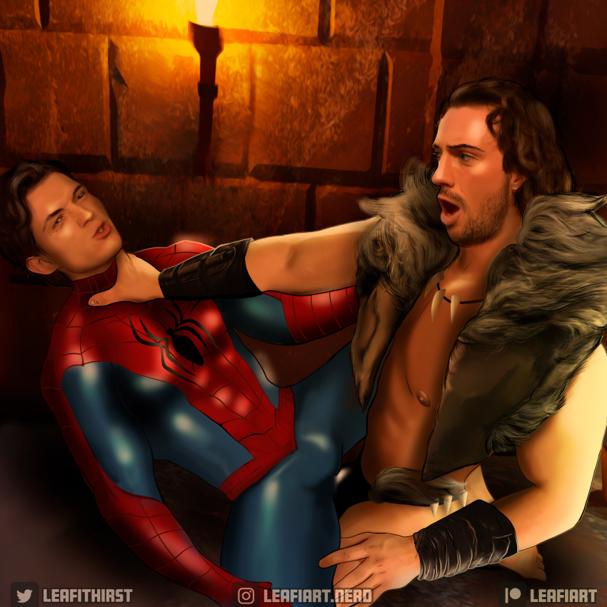 2boys aaron_taylor-johnson actor biceps bulge celebrity choking human human_only kraven_the_hunter leafithirst light-skinned_male light_skin male male_only marvel marvel_cinematic_universe muscular muscular_male open_shirt pecs peter_parker smooth_chest smooth_skin spider-man spider-man_(series) spread_legs tom_holland yaoi