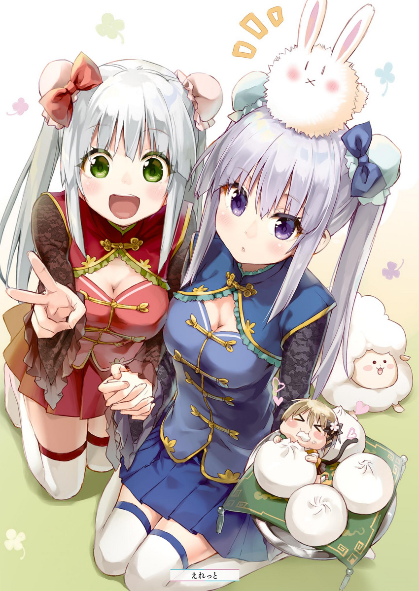 2girls :d airi_(alice_or_alice) alice_or_alice animal animal_on_head blue_bow blue_skirt bow breasts brown_hair cat_tail cleavage cleavage_cutout clothing_cutout double_bun eating eretto from_above green_eyes hair_between_eyes hair_bun hairbow highres holding_hands interlocked_fingers kneeling long_hair looking_at_viewer medium_breasts miniskirt multiple_girls on_head open_mouth parted_lips pleated_skirt purple_eyes rabbit rabbit_on_head red_bow red_skirt rise_(alice_or_alice) sidelocks silver_hair skirt smile tail thighhighs twintails v very_long_hair white_legwear zettai_ryouiki