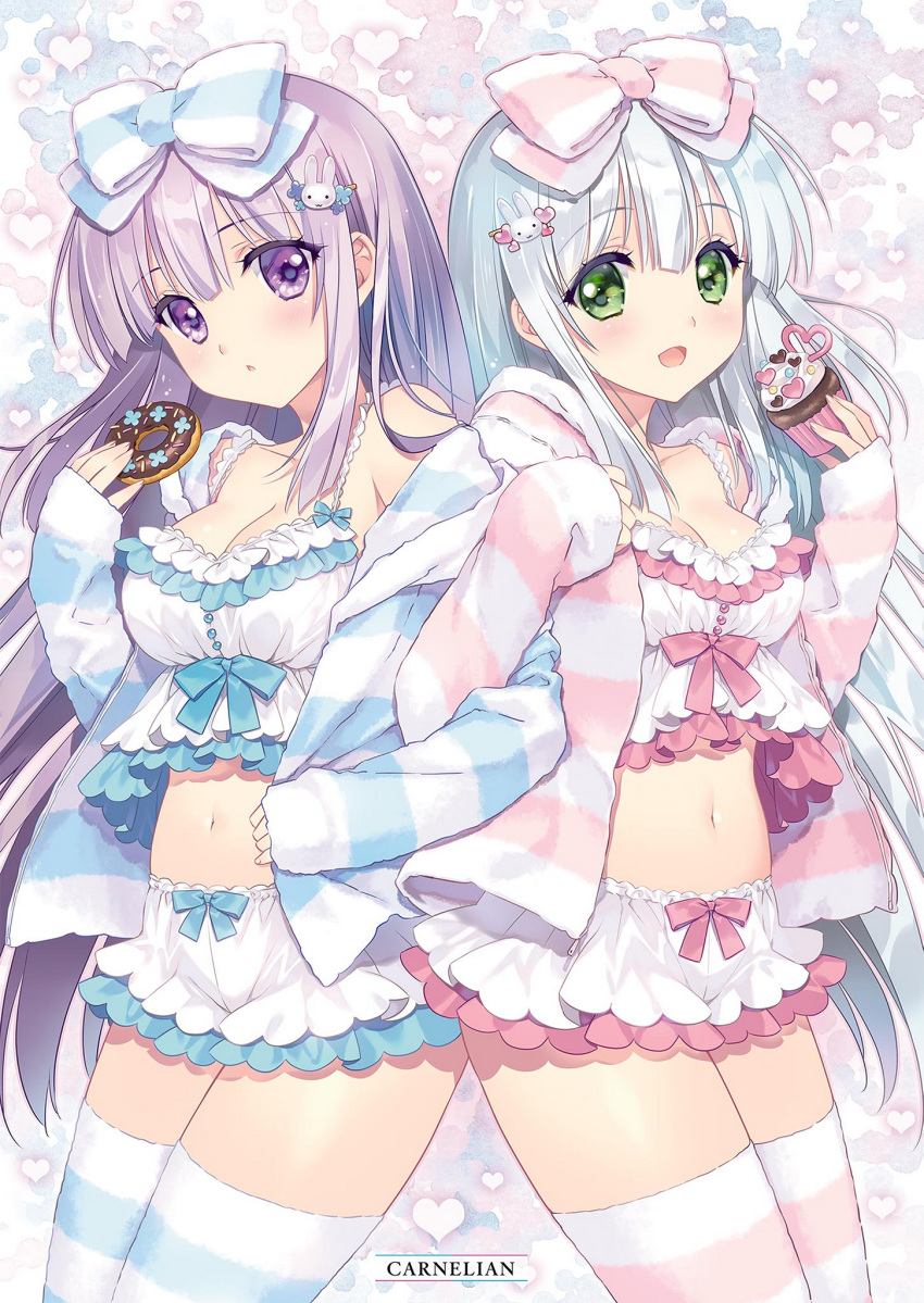 2girls :d airi_(alice_or_alice) alice_or_alice aqua_ribbon blush bow bow_shorts breasts cardigan carnelian cleavage collarbone cowboy_shot crop_top cupcake doughnut floating_hair food frilled_shorts frills green_eyes hair_between_eyes hair_ornament hairbow heart highres holding holding_food locked_arms long_hair medium_breasts midriff multiple_girls navel open_cardigan open_clothes open_mouth parted_lips pastel_colors pink_hair pink_ribbon purple_eyes rabbit_hair_ornament ribbon ribbon-trimmed_shorts ribbon_trim rise_(alice_or_alice) short_shorts shorts smile standing stomach striped_bow striped_cardigan striped_clothes striped_thighhighs thighhighs very_long_hair white_hair white_legwear white_shorts