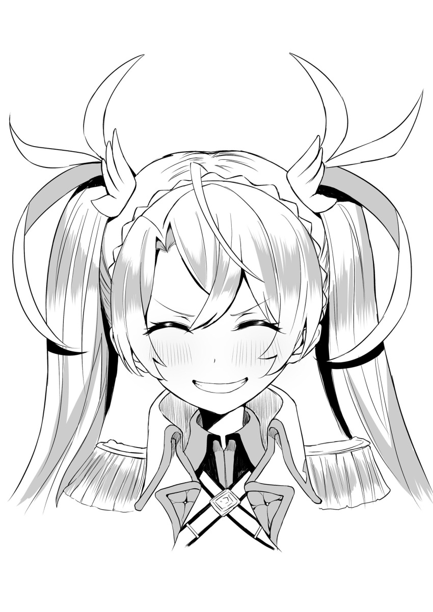 bad_id bad_twitter_id bradamante_(fate) bradamante_(second_ascension)_(fate) braid closed_eyes commentary_request crown_braid epaulettes fate/grand_order fate_(series) female greyscale grin hair_ribbon highres long_hair monochrome ribbon smile tanuki_(siutkm0228) twintails