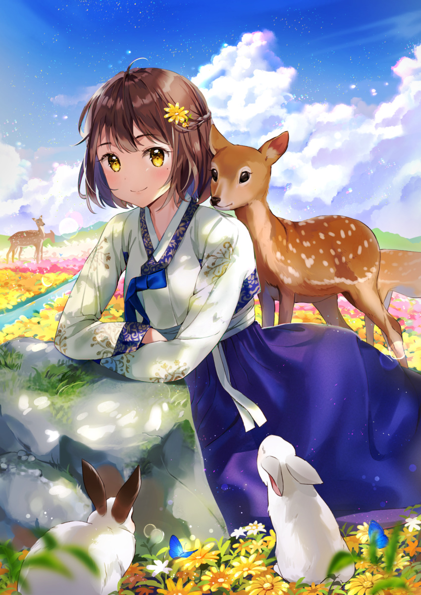 ahoge animal arm_rest blue_sky blush brown_hair cherim closed_mouth cloud cloudy_sky commentary_request day deer female field flower flower_field hair_flower hair_ornament hanbok highres korean_clothes light_particles long_sleeves looking_at_viewer meadow mole mole_under_eye original outdoors rabbit rock short_hair sky smile solo tareme yellow_eyes yellow_flower