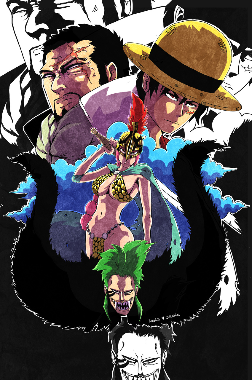 3boys absurdres armor bartolomeo bikini_armor black_hair blind breasts cape cleavage commentary elbow_pads english_commentary facial_hair facial_tattoo fangs female fur gladiator goatee green_hair grin hat helmet highres issho_(fujitora) large_breasts long_hair monkey_d._luffy multi-tied_hair multiple_boys navel nose_piercing nose_ring one_piece partially_colored photoshop_(medium) piercing pikoloz-dreamin pink_hair plume rebecca_(one_piece) scar short_hair signature smile straw_hat sword tattoo torn_cape torn_clothes weapon zoom_layer