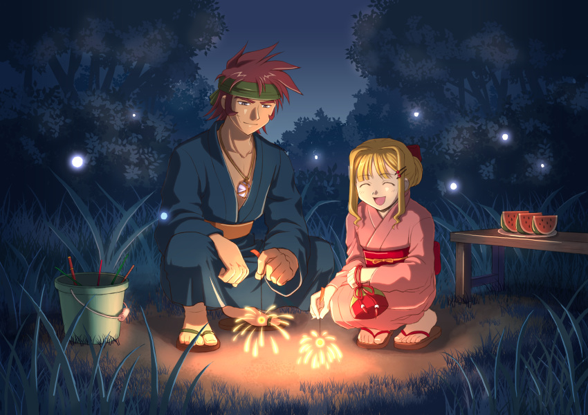 1boy absurdres agate_crosner bandana blonde_hair blue_kimono bow brown_eyes brown_hair collarbone dark_skin eiyuu_densetsu female fireworks food forest fruit full_body hairbow highres japanese_clothes kimono nature night obi open_mouth outdoors pink_kimono pouch red_bow sash sidelocks sky smile spiked_hair squatting tied_hair tita_russell tree watermelon yukata