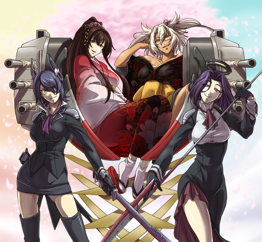 4girls adapted_costume bare_shoulders blue_hair breasts brown_eyes brown_hair cleavage commentary_request dark-skinned_female dark_skin dress eyepatch glaive_(polearm) glasses gloves hair_intakes hair_ornament hair_over_one_eye halo headgear highres holding holding_weapon japanese_clothes kantai_collection kimono large_breasts left-handed long_hair miniskirt multiple_girls musashi_(kancolle) off_shoulder polearm ponytail short_hair side_slit skirt smirk sword tabi tatsuta_(kancolle) tenryuu_(kancolle) thighhighs tsuzuki_masumi twintails weapon white_hair yamato_(kancolle) yellow_eyes