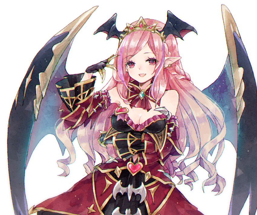 :d ascot bare_shoulders black_wings blush breasts cleavage collar commentary_request cryptract detached_collar detached_sleeves dress female franciel_(cryptract) head_wings heart kikka_(kicca_choco) long_hair long_sleeves looking_at_viewer medium_breasts oerba_yun_fang open_mouth pink_hair red_ascot red_collar red_dress red_eyes ringlets simple_background smile solo strapless strapless_dress tiara very_long_hair white_background wide_sleeves wings