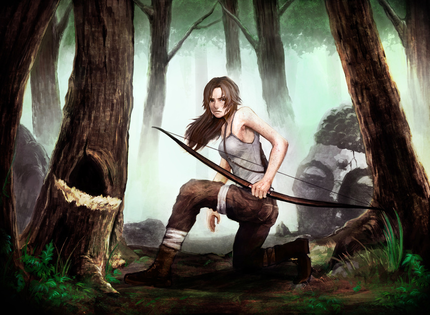 absurdres bad_id bad_pixiv_id bandages bow_(weapon) breasts brown_eyes brown_hair female forest highres lara_croft long_hair medium_breasts nature photoshop_(medium) realistic solo tank_top tomb_raider tomb_raider_(reboot) toro_(6636) tree twisted_torso weapon