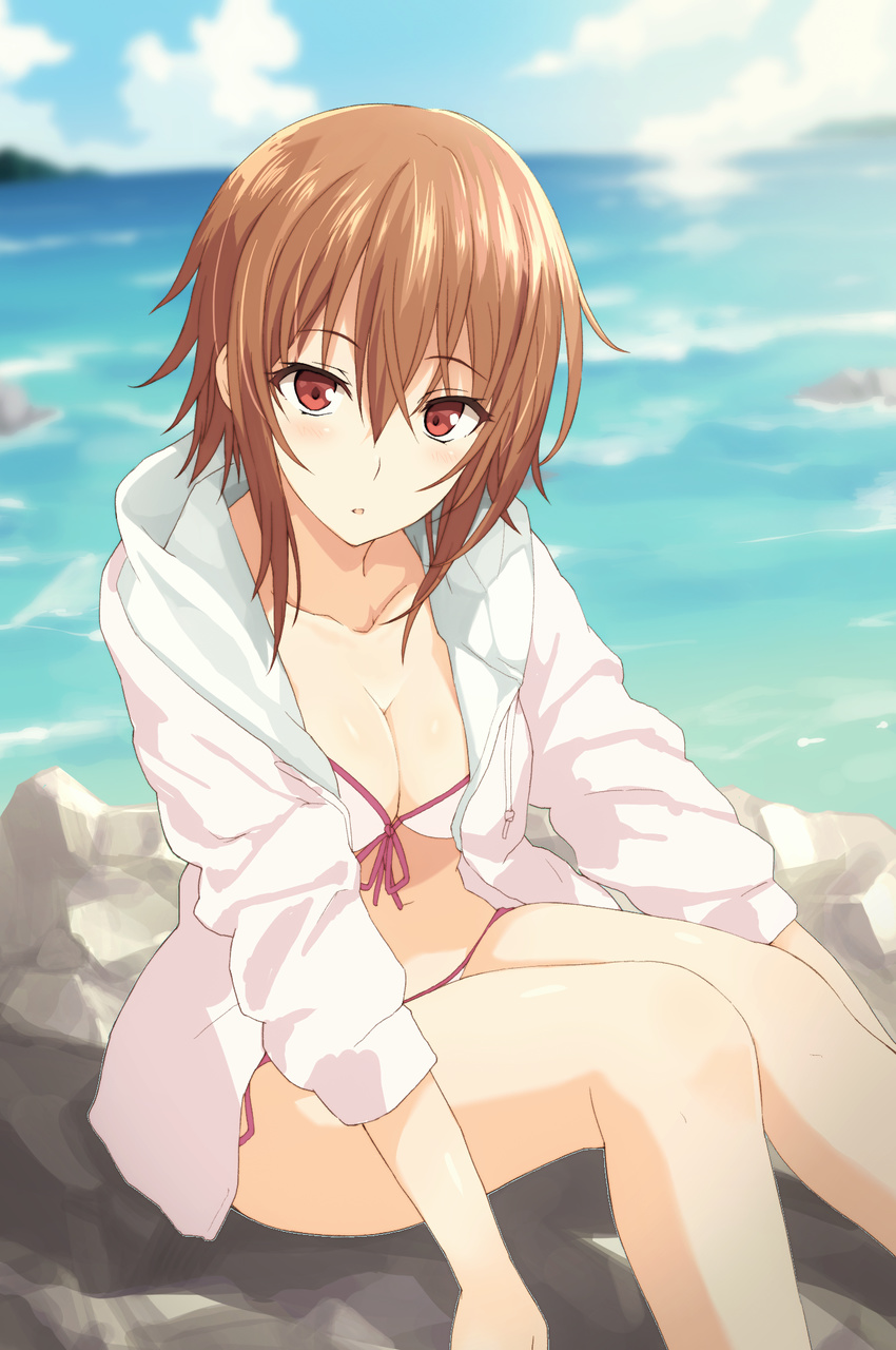 bikini blush breasts brown_hair cleavage commentary_request female grand_blue hair_between_eyes highres jacket jacket_over_swimsuit kotegawa_chisa looking_at_viewer medium_breasts nanashi_star ocean open_mouth outdoors pink_bikini red_eyes rock short_hair side-tie_bikini_bottom sitting solo swimsuit