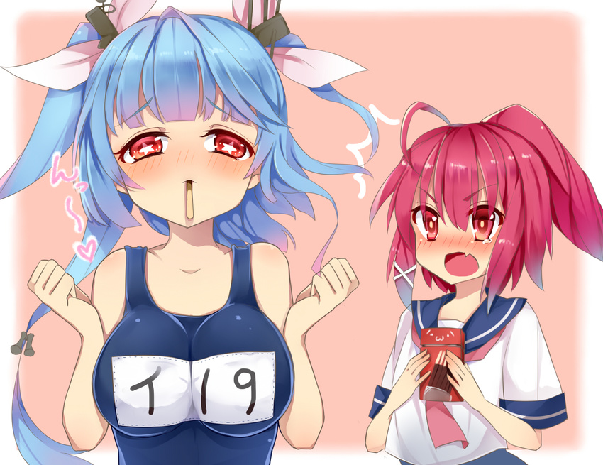 2girls :< :o ahoge bad_id bad_pixiv_id blue_hair blush breasts food gradient_hair hair_ribbon highres hukasikasi i-168_(kancolle) i-19_(kancolle) kantai_collection large_breasts long_hair mouth_hold multicolored_hair multiple_girls oerba_yun_fang one-piece_swimsuit open_mouth pink_hair pocky pocky_kiss ponytail red_eyes red_hair ribbon school_swimsuit school_uniform serafuku shared_food short_hair star-shaped_pupils star_(symbol) swimsuit symbol-shaped_pupils twintails