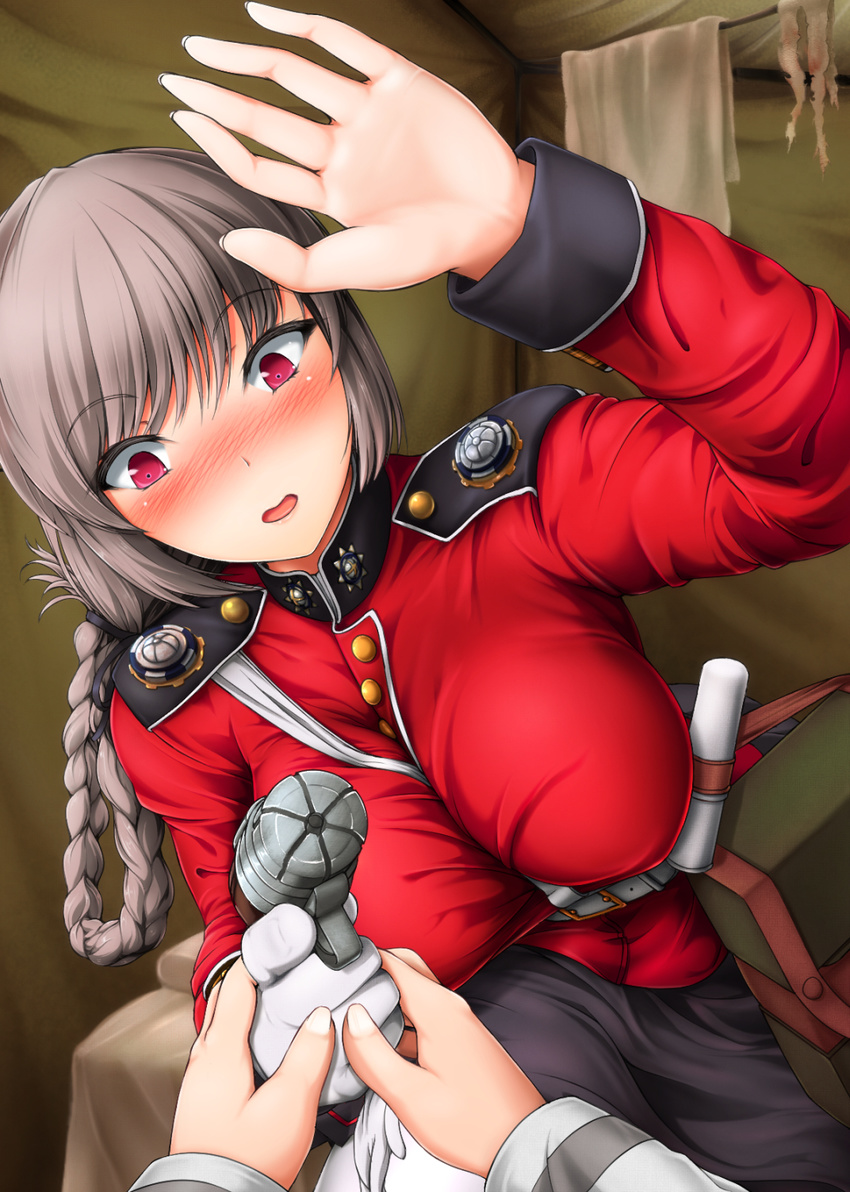 aiming aiming_at_viewer belt belt_pouch between_breasts blush bol_(liliymimi) braid braided_hair_rings breasts commentary_request dutch_angle embarrassed empty_eyes epaulettes eyebrows eyelashes fate/grand_order fate_(series) female finger_on_trigger fingernails florence_nightingale_(fate) gloves grey_eyes gun hair_rings handgun highres holding holding_clothes holding_gloves holding_gun holding_weapon indoors large_breasts long_fingernails long_hair long_sleeves looking_at_hand looking_down mandarin_collar military military_uniform open_mouth out_of_frame palms pantyhose pocket pouch pov pov_hands red_eyes single_braid single_glove skirt solo_focus string tied_hair towel uniform unworn_gloves weapon white_gloves white_legwear