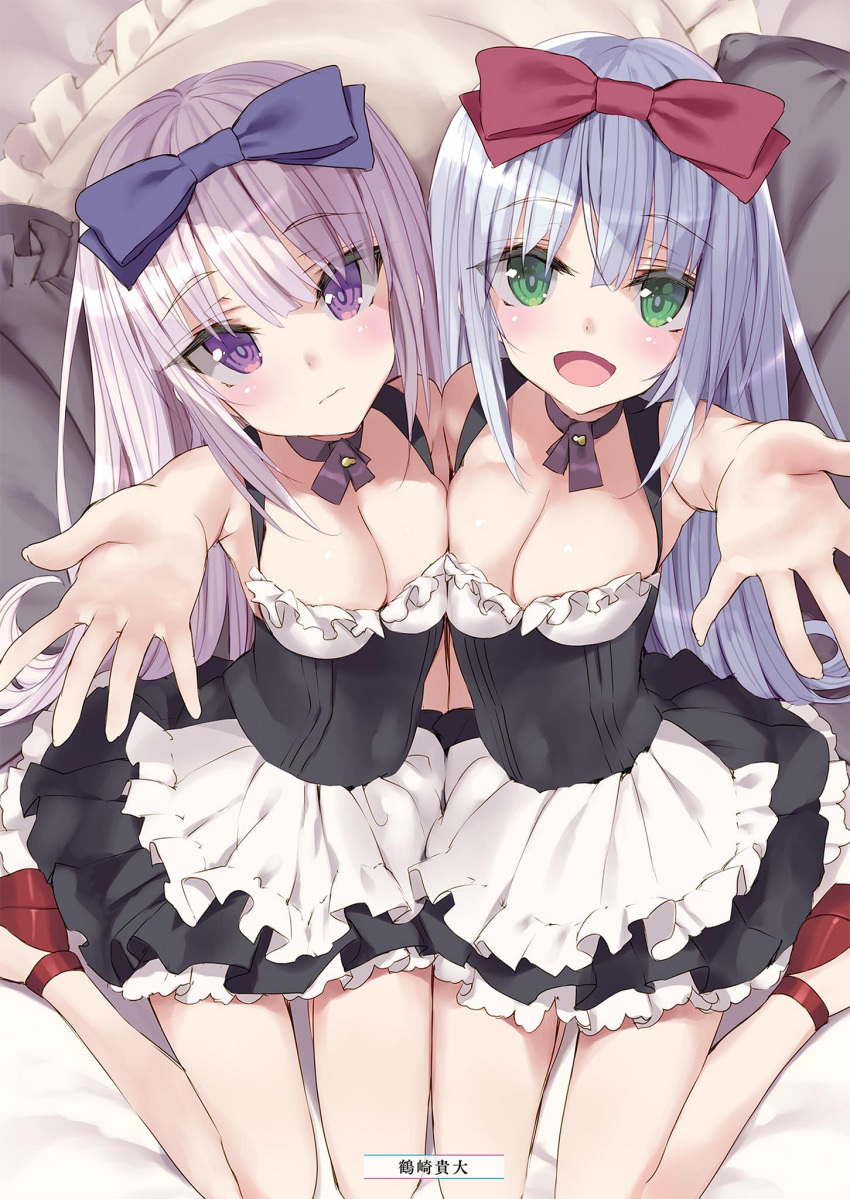 2girls :d airi_(alice_or_alice) alice_or_alice apron artist_name bed_sheet black_skirt blue_bow blue_hair bow breast_press breasts choker cleavage from_above green_eyes hair_between_eyes hairbow head_tilt highres layered_skirt long_hair looking_at_viewer looking_up medium_breasts miniskirt multiple_girls open_mouth pillow pleated_skirt purple_eyes purple_ribbon red_bow red_footwear ribbon ribbon_choker rise_(alice_or_alice) shiny_skin silver_hair skirt sleeveless smile symmetrical_docking tsurusaki_takahiro very_long_hair white_apron