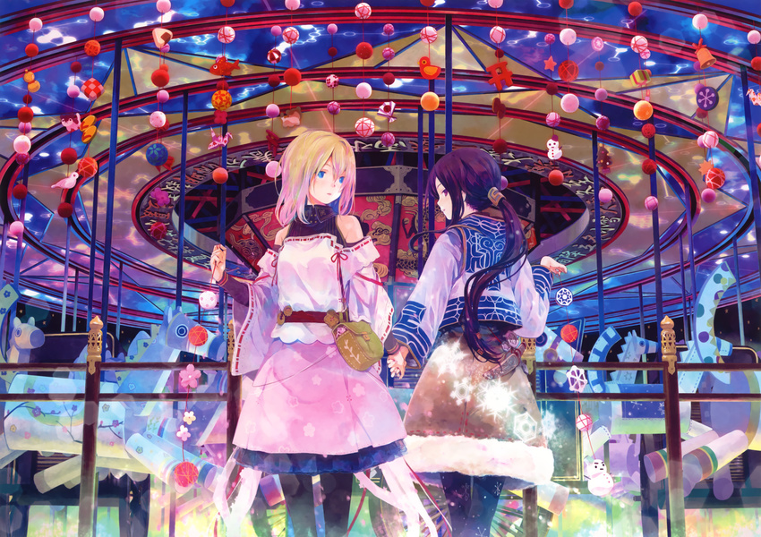 2girls absurdres ainu_clothes bag ball bell bird black_legwear blonde_hair blue_eyes canine carousel christmas_tree detached_sleeves fish folding_fan food from_behind fur_trim hand_fan highres holding holding_hands long_hair long_sleeves looking_at_another looking_at_viewer looking_back low_ponytail multiple_girls onigiri origami pantyhose paper_crane ponytail profile purple_eyes purple_hair ribbon-trimmed_clothes ribbon-trimmed_sleeves ribbon_trim scan sidelocks skirt snowflakes snowman standing takano_otohiko temari_ball torii weapon wide_sleeves