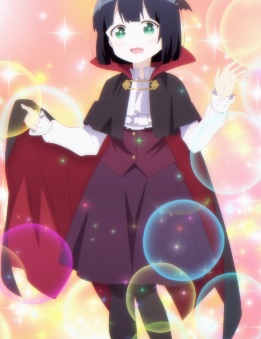 amano_akari anime_screenshot bishie_sparkle black_hair cape female green_eyes highres looking_at_viewer non-web_source oerba_yun_fang pantyhose purple_skirt short_hair skirt source_request sparkle stitched third-party_edit tonari_no_kyuuketsuki-san vampire_costume