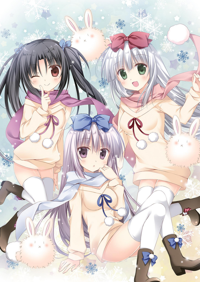 3girls :d ;) airi_(alice_or_alice) alice_or_alice black_hair blue_bow blue_ribbon blue_scarf blush boots bow breasts brown_eyes brown_footwear cleavage floating_hair footwear_bow green_eyes grey_hair hair_between_eyes hair_ribbon hairbow highres index_finger_raised kisaki_(alice_or_alice) korie_riko long_hair medium_breasts multiple_girls naked_sweater one_eye_closed open_mouth pink_scarf rabbit red_bow red_eyes ribbon rise_(alice_or_alice) scarf shoes smile sweater thighhighs very_long_hair white_hair white_legwear yellow_sweater zettai_ryouiki