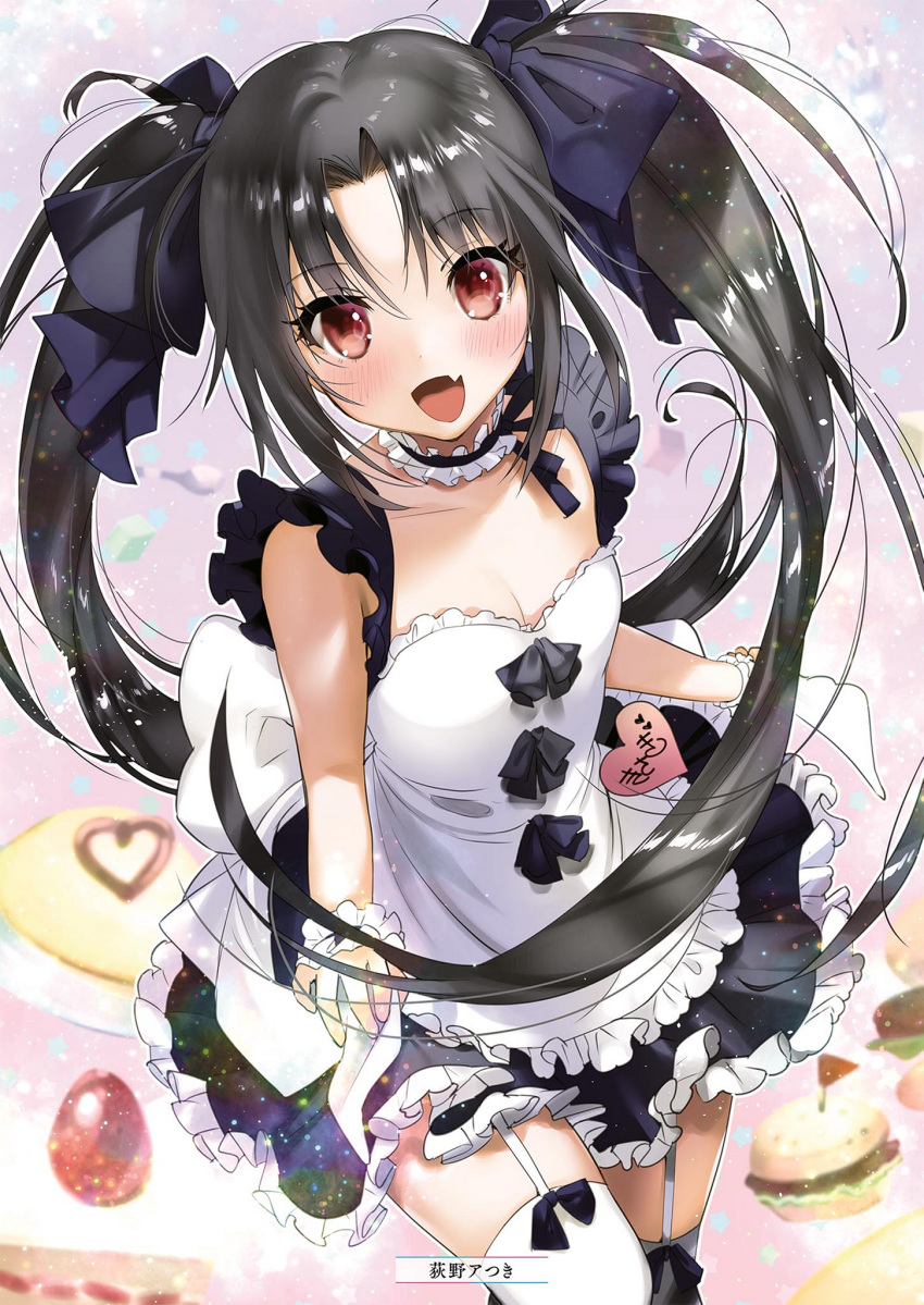 :d alice_or_alice apron black_bow black_hair black_ribbon black_skirt blush bow breasts choker cleavage collarbone cowboy_shot female floating_hair food frilled_apron frilled_skirt frills garter_straps hair_between_eyes hairbow heart highres kisaki_(alice_or_alice) long_hair miniskirt open_mouth red_eyes ribbon skirt sleeveless small_breasts smile solo standing thighhighs twintails very_long_hair white_apron white_thighhighs wrist_cuffs yanyo_(ogino_atsuki) zettai_ryouiki