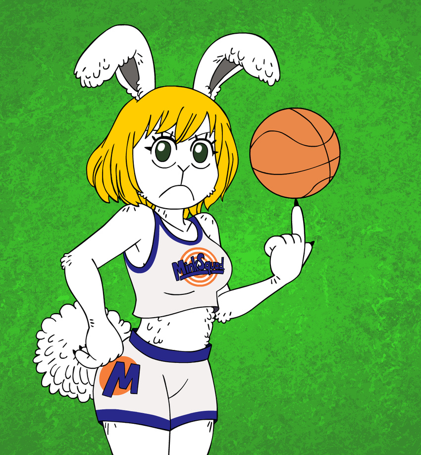 5_fingers anthro ball ball_on_finger basketball_(ball) biped blonde_hair bottomwear breasts carrot_(one_piece) claws clothing dommydraws female fingers frown fur green_background hair hand_on_hip hotpants lagomorph leporid long_ears mammal midriff minkmen_(one_piece) one_piece rabbit shirt short_hair shorts simple_background solo space_jam standing tank_top text text_on_bottomwear text_on_clothing text_on_hotpants text_on_shirt text_on_shorts text_on_topwear topwear tune_squad_outfit tune_squad_outfit_(1996) warner_brothers white_body white_fur