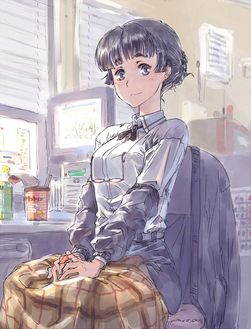 bad_id bad_twitter_id black_eyes black_hair black_skirt blanket blunt_bangs bottle breasts calendar_(object) commentary cropped_legs cup_ramen female hair_bun hair_ornament hairclip highres indoors jacket kantai_collection long_hair looking_at_viewer medium_breasts monitor myoukou_(kancolle) nissin_chicken_ramen office_lady plaid_blanket shirt single_hair_bun sitting skirt smile solo suzumaru unworn_jacket white_shirt