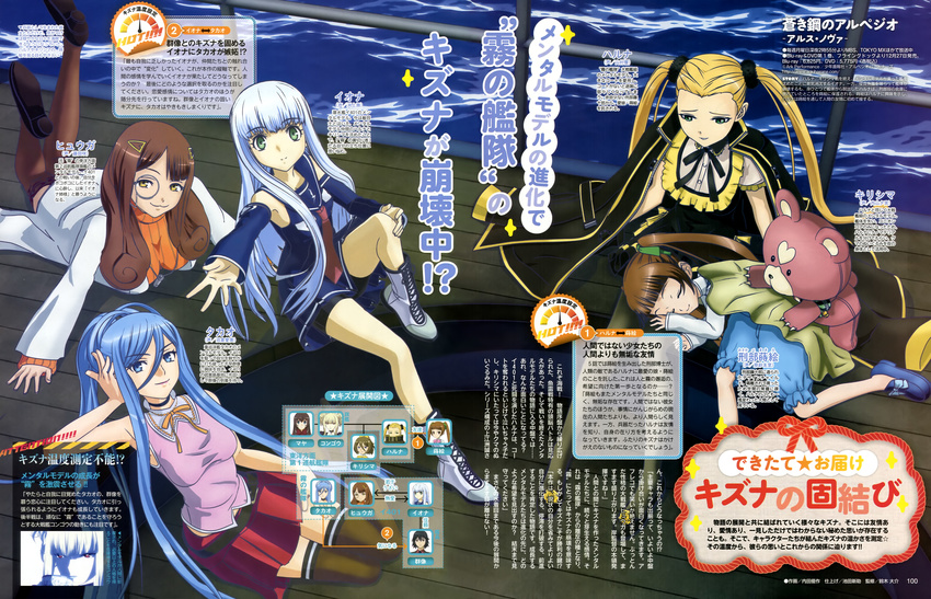 5girls absurdres aoki_hagane_no_arpeggio blonde_hair blue_eyes blue_hair detached_sleeves green_eyes hair_ornament haruna_(aoki_hagane_no_arpeggio) highres hyuuga_(aoki_hagane_no_arpeggio) iona_(aoki_hagane_no_arpeggio) kirishima_(aoki_hagane_no_arpeggio) lab_coat lap_pillow long_hair monocle multiple_girls official_art orange_shirt osakabe_makie pantyhose personification shirt stuffed_animal stuffed_toy takao_(aoki_hagane_no_arpeggio) thighhighs translation_request twintails uchida_yuusaku yotarou_(aoki_hagane_no_arpeggio)