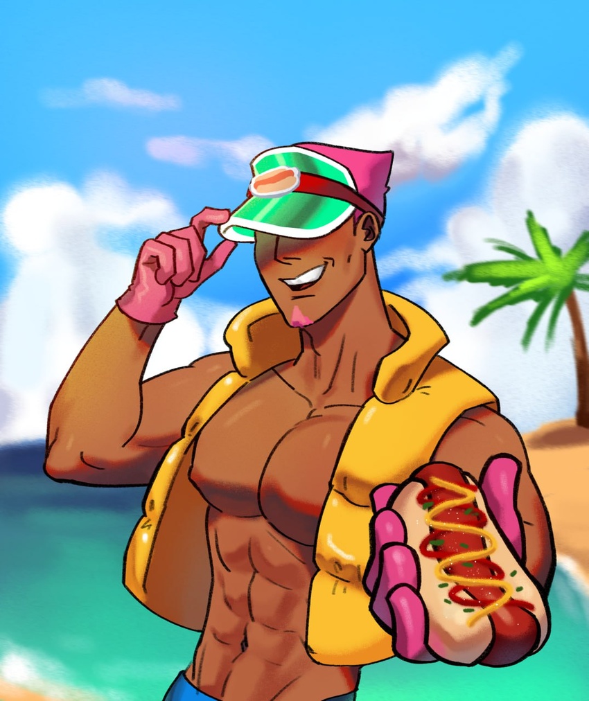 1boy 2023 abs bara beach beach_background beard big_breasts big_chest big_muscles big_pecs brawl_stars breasts cloud clouds color colored digital_art digital_drawing_(artwork) digital_media_(artwork) doug_(brawl_stars) facial_hair first_porn_of_character food gay gloves hot_dog humanization humanized jacket_only looking_at_viewer male male_focus male_only male_pov man_boobs manboobs muscle muscles muscular muscular_arms muscular_chest muscular_male muscular_neck muscular_pecs nipple nipples offering offering_food offering_to_viewer palm_tree pecs pectorals pink_hair pov pov_eye_contact pov_male sand sea shaded shiny shiny_skin shirtless shirtless_male sky smile smiling smiling_at_viewer solo solo_focus solo_male supercell tan tan-skinned_male tan_body tan_skin tanned_male tanned_skin visor visor_cap water