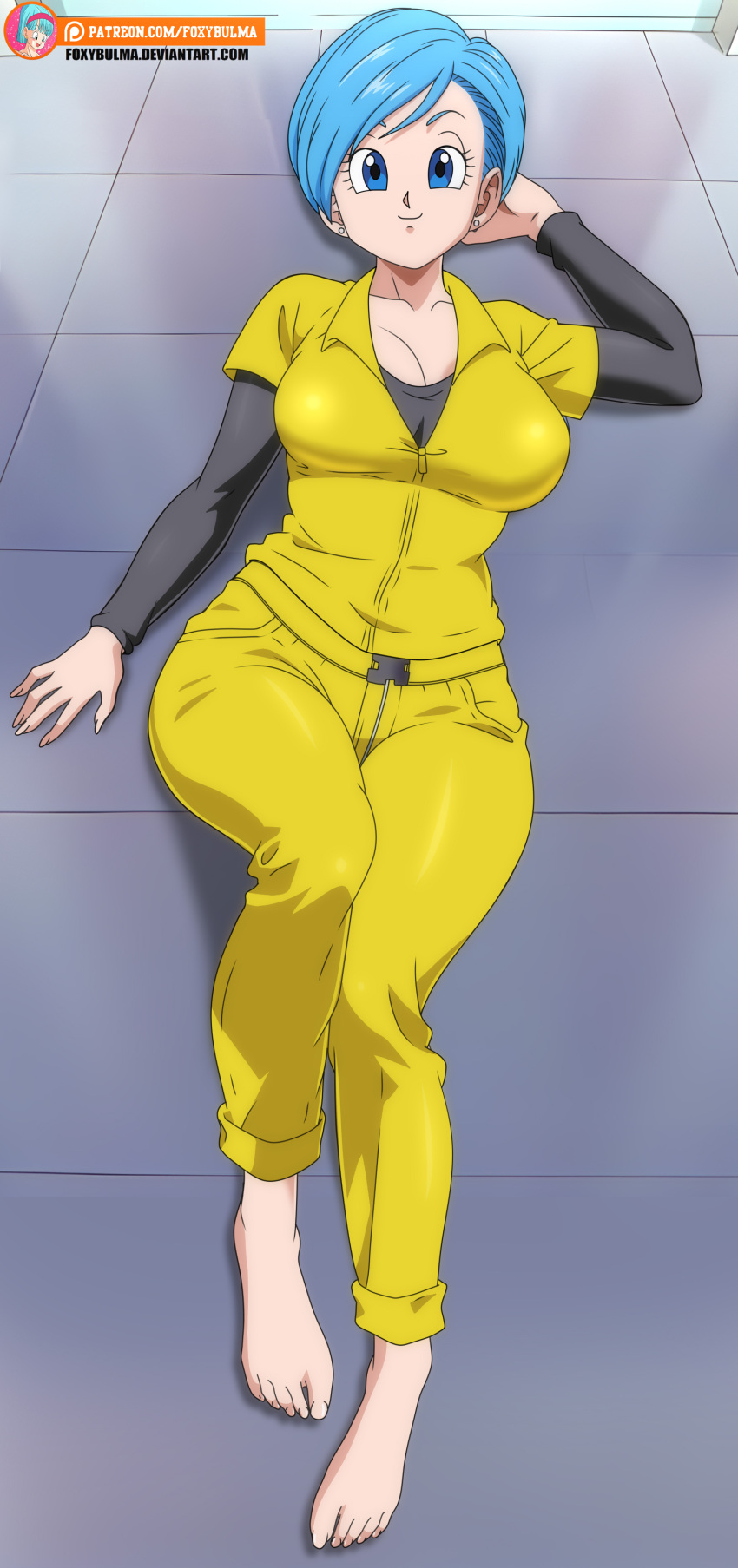 1female alternate_version_available barefoot big_breasts blue_eyes blue_hair bulma_briefs bulma_briefs_(dragon_ball_super_superhero) clothed_female dragon_ball dragon_ball_super dragon_ball_super_super_hero earrings female foxybulma fully_clothed jumpsuit laying_down laying_on_back looking_at_another looking_at_viewer pale-skinned_female pale_skin patreon patreon_exclusive patreon_leak patreon_only_post patreon_reward shonen_jump smile smiling_at_viewer smirk smirking smirking_at_viewer toei_animation yellow_jumpsuit