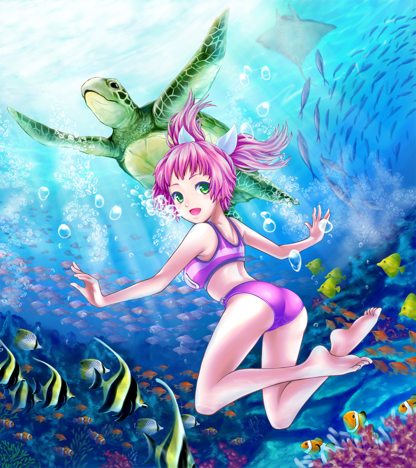 air_bubble anthias_(fish) barefoot bikini blowing_bubbles breath bubble clownfish commentary_request coral coral_reef diving female fish freediving gavagai green_eyes highres manta_ray moorish_idol ocean painttool_sai_(medium) pink_bikini pink_hair sea_anemone sea_turtle short_hair solo surgeonfish swimming swimsuit tropical_fish turtle umi_monogatari underwater urin_(umi_monogatari) water yellow_tang