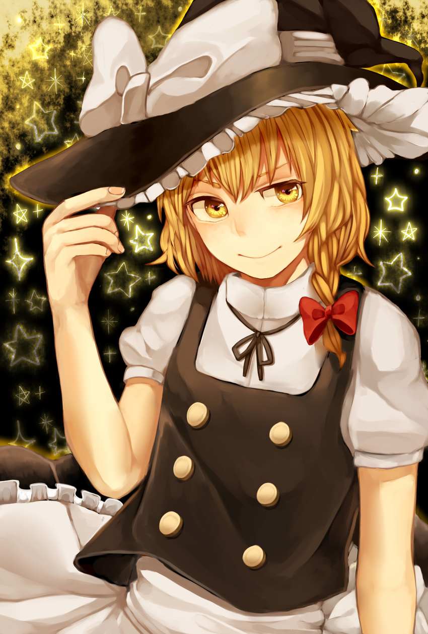 absurdres bad_id bad_pixiv_id blonde_hair braid commentary_request female hat highres kirisame_marisa penguu_(green528) ribbon short_hair smile star_(symbol) touhou witch_hat yellow_eyes