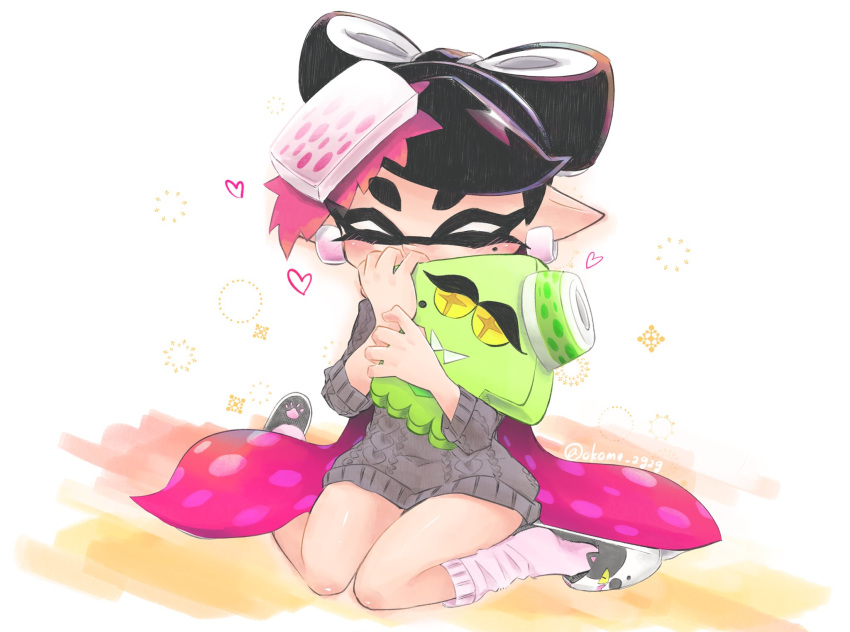 animal_print black_hair blush callie_(splatoon) casual cat_print character_doll character_print closed_eyes commentary dress earrings facing_viewer female gradient_hair grey_dress heart highres holding holding_stuffed_toy inkling jewelry judd_(splatoon) legs long_hair long_sleeves loose_socks marie_(splatoon) mole mole_under_eye multicolored_hair okome_2g2g pink_socks pointy_ears purple_hair sandals short_dress sitting snowflake_print socks solo splatoon_(series) splatoon_1 squid stuffed_animal stuffed_squid stuffed_toy sweater sweater_dress symbol-only_commentary tentacle_hair twitter_username very_long_hair wariza white_footwear