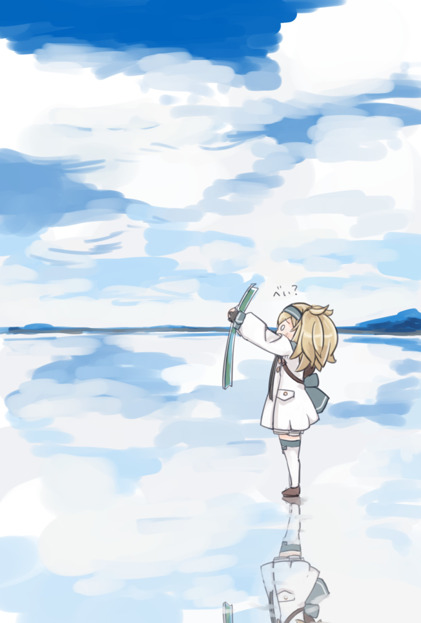 backpack bad_id bad_pixiv_id bag blonde_hair bolivia cloud cloudy_sky commentary day dress enjaku_izuku female from_side gambier_bay_(kancolle) highres holding holding_map kantai_collection long_hair long_sleeves looking_at_map looking_at_object map map_(object) outdoors reflection salar_de_uyuni sky solid_circle_eyes solo thighhighs translated white_thighhighs